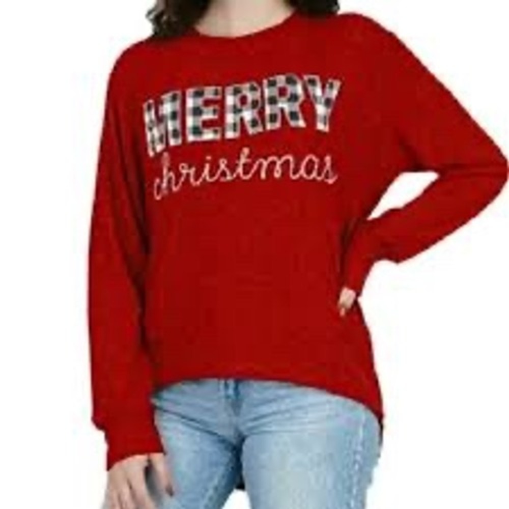 Royce Brand Womens Red Merry Christmas Plaid Patchwork High Low Sweater Large